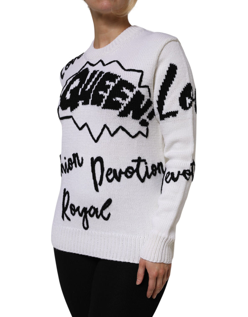 White wool knit crew neck pullover sweater with black text graphics