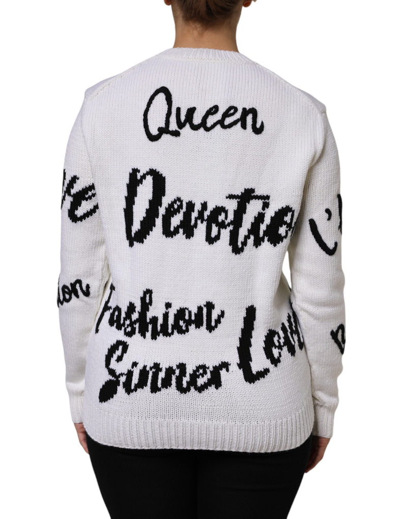 White wool knit crew neck pullover sweater with black text graphics