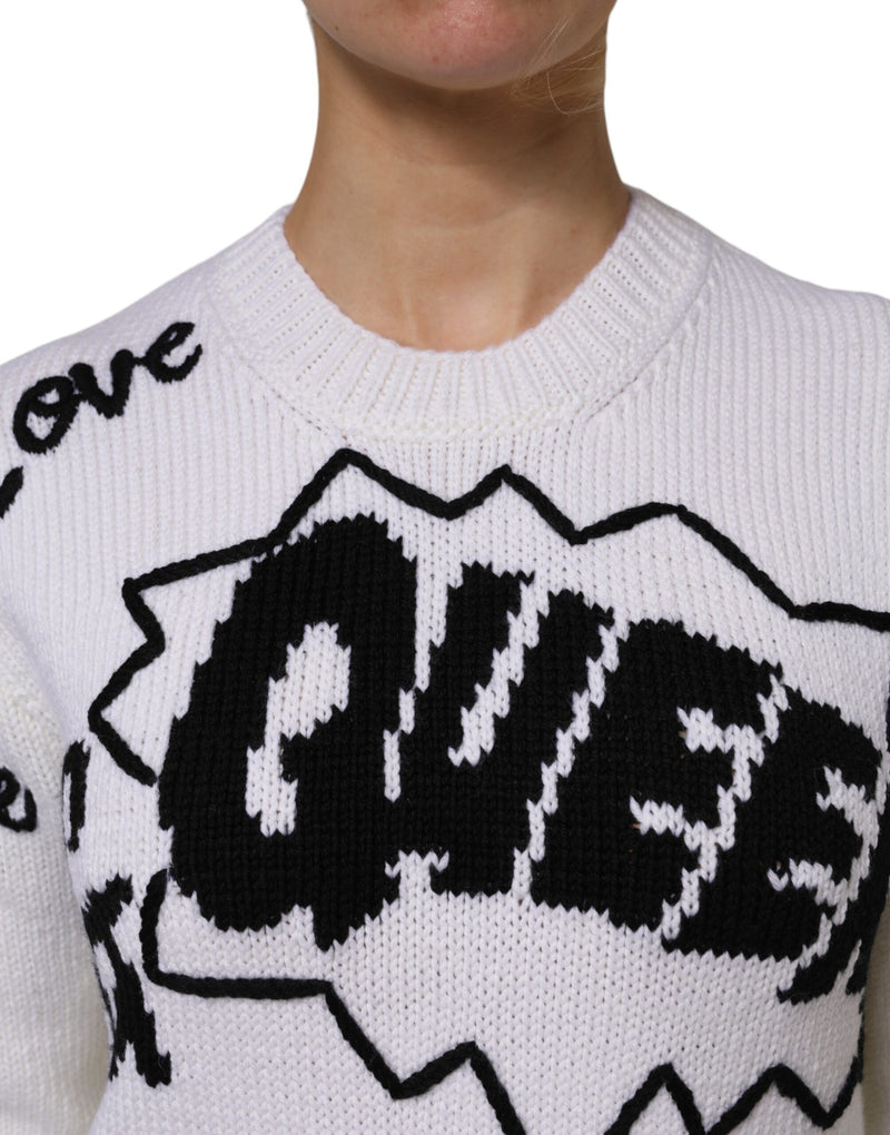 White wool knit crew neck pullover sweater with black graffiti print