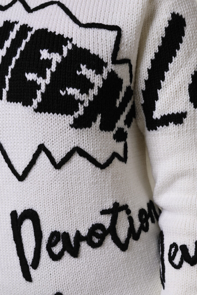 White wool knit crew neck sweater with black graphic text print