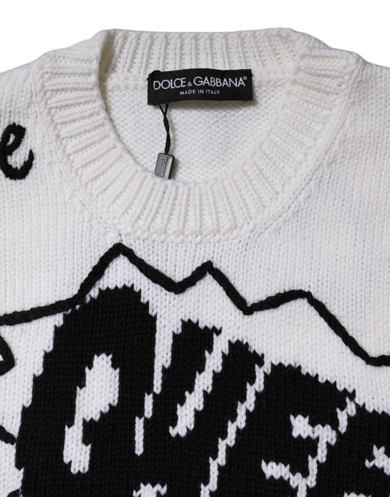 White wool knit crew neck pullover sweater with black graphic and Dolce & Gabbana tag