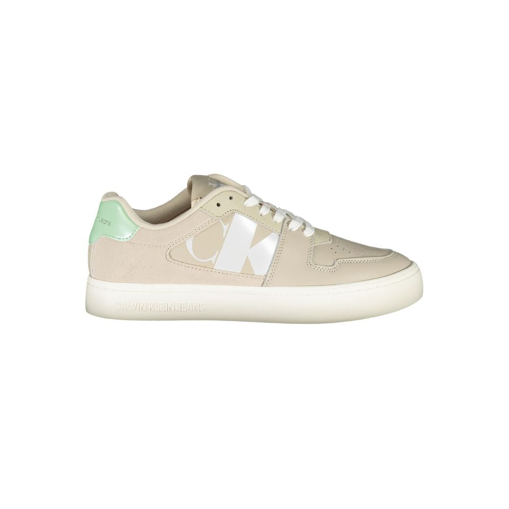 Beige polyurethane Calvin Klein women’s sneaker with mint green heel detail and white lace-up, casual low-top style.