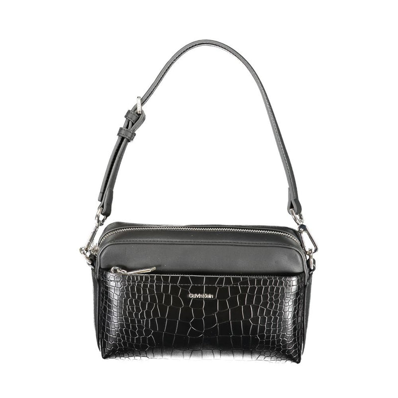Black polyurethane Calvin Klein shoulder bag with a croc-embossed front pocket and silver hardware