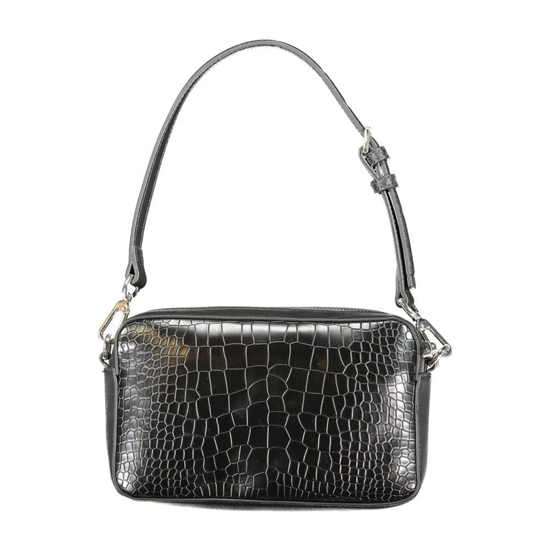 Black faux leather women's shoulder bag with a crocodile-embossed texture and thin strap