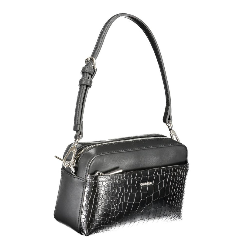 Black polyurethane Calvin Klein women's shoulder bag with crocodile-embossed front pocket