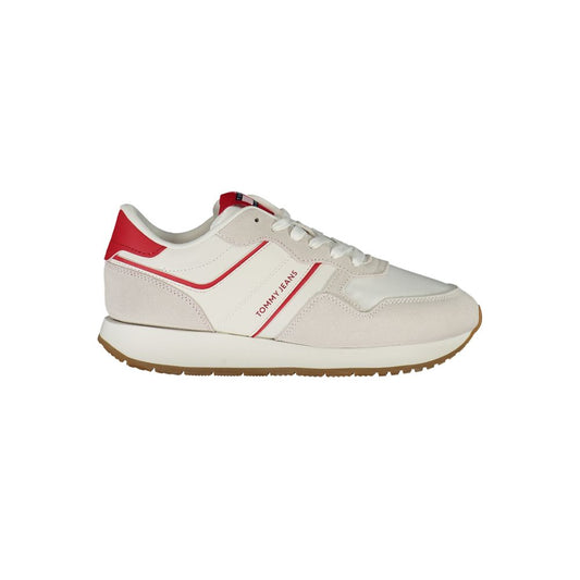 White and red Tommy Jeans polyurethane sneaker with suede details and a gum rubber sole.