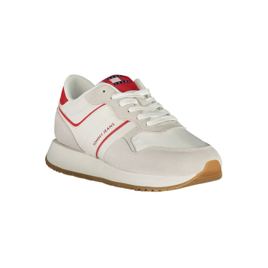 Tommy Hilfiger white and red polyurethane and suede women's sneaker with lace-up closure and gum rubber sole.