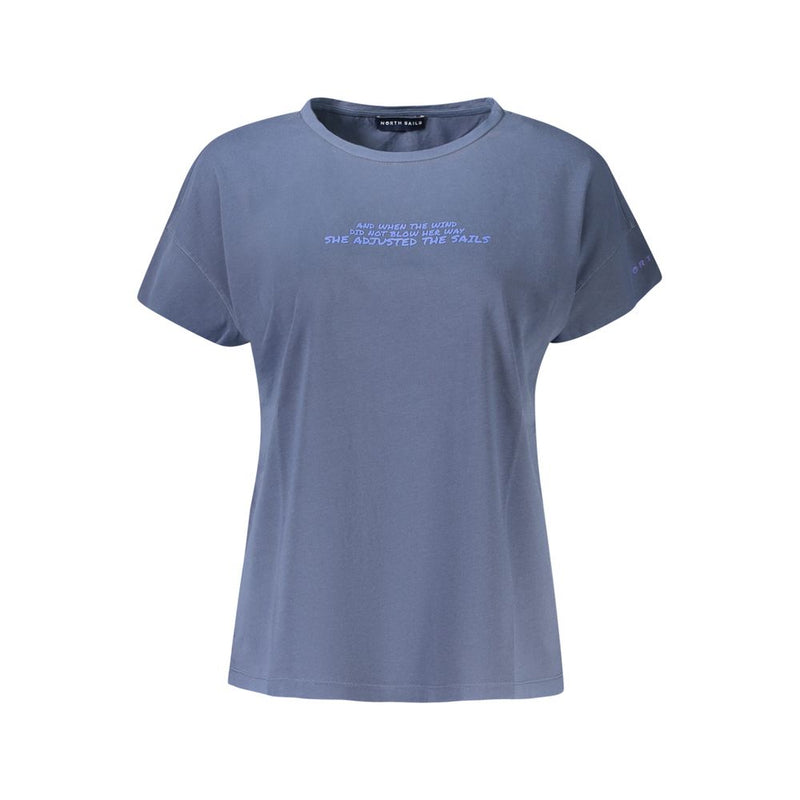 Blue cotton women's t-shirt with short sleeves and front text graphic