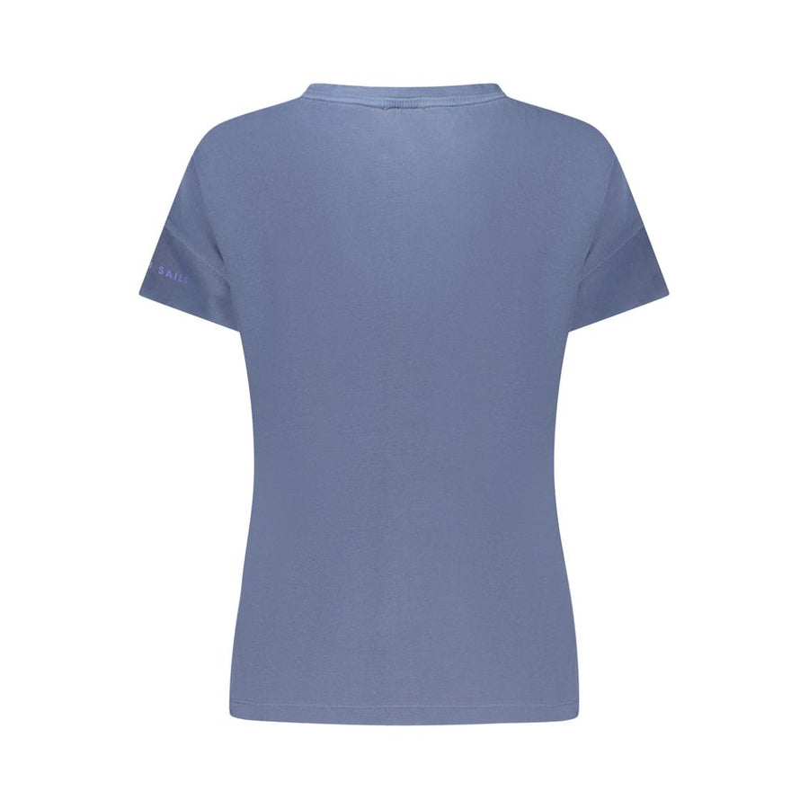 Blue cotton women's t-shirt with short sleeves and front text graphic