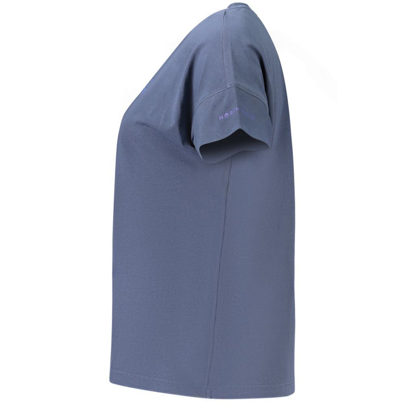 Blue cotton women's short-sleeve t-shirt viewed from the side