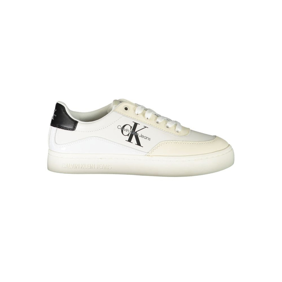 White polyurethane Calvin Klein lace-up sneaker with black heel tab and signature CK logo on the side.