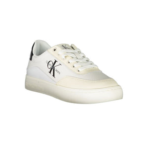 Calvin Klein white polyurethane women's lace-up sneaker with black heel tab and logo detail on the side.