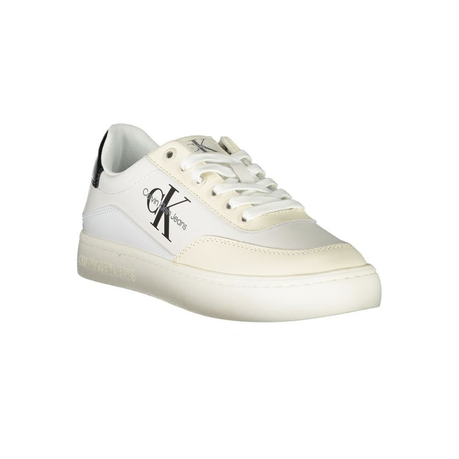 White polyurethane Calvin Klein lace-up sneaker with black heel tab and signature CK logo on the side.
