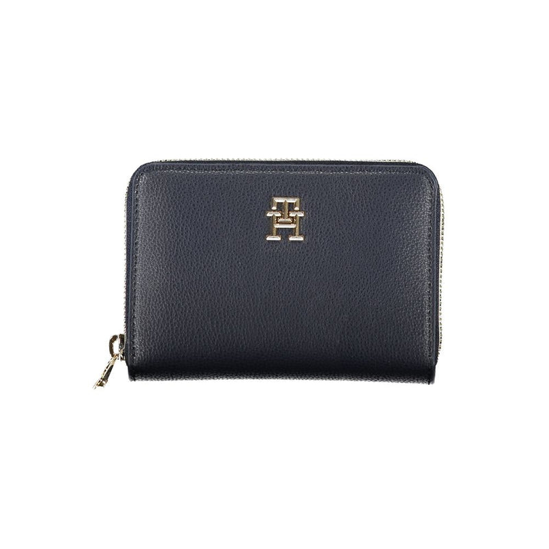 Dark blue faux leather zip-around women wallet with gold logo