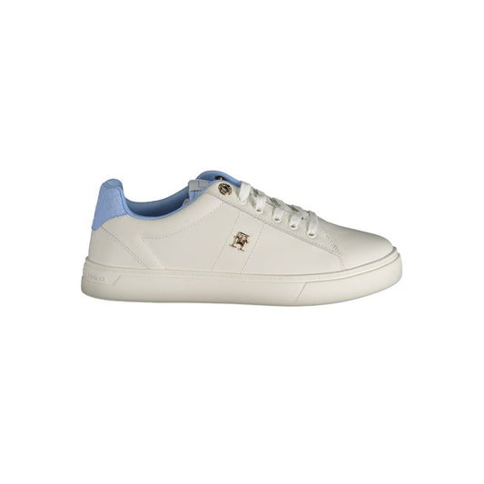 White polyurethane Tommy Hilfiger Azzurro female sneaker with light blue accents and a gold logo detail.