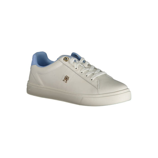 Tommy Hilfiger Azzurro: white polyurethane women’s lace-up sneaker with blue accents and gold logo detail.