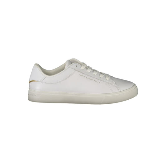 White Tommy Hilfiger Bianco polyurethane women's sneaker with lace-up casual low-top design and gold accent.