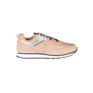U.S. POLO ASSN. dusty pink polyurethane sneaker with silver accents, lace-up front, and flat white/navy sole.