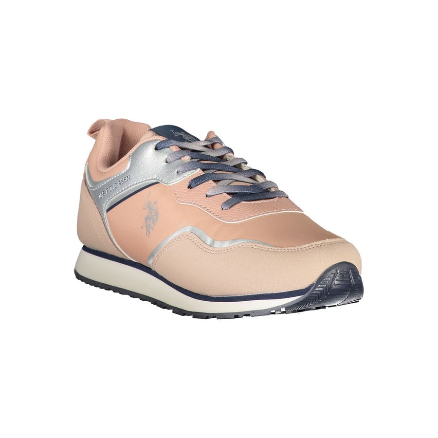 U.S. POLO ASSN. dusty pink polyurethane sneaker with silver accents, lace-up front, and flat white/navy sole.