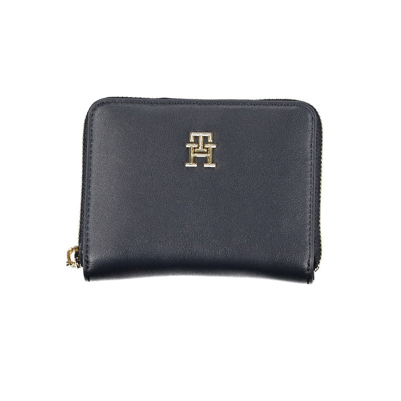 Blue polyurethane zip-around women wallet with a gold logo on the front
