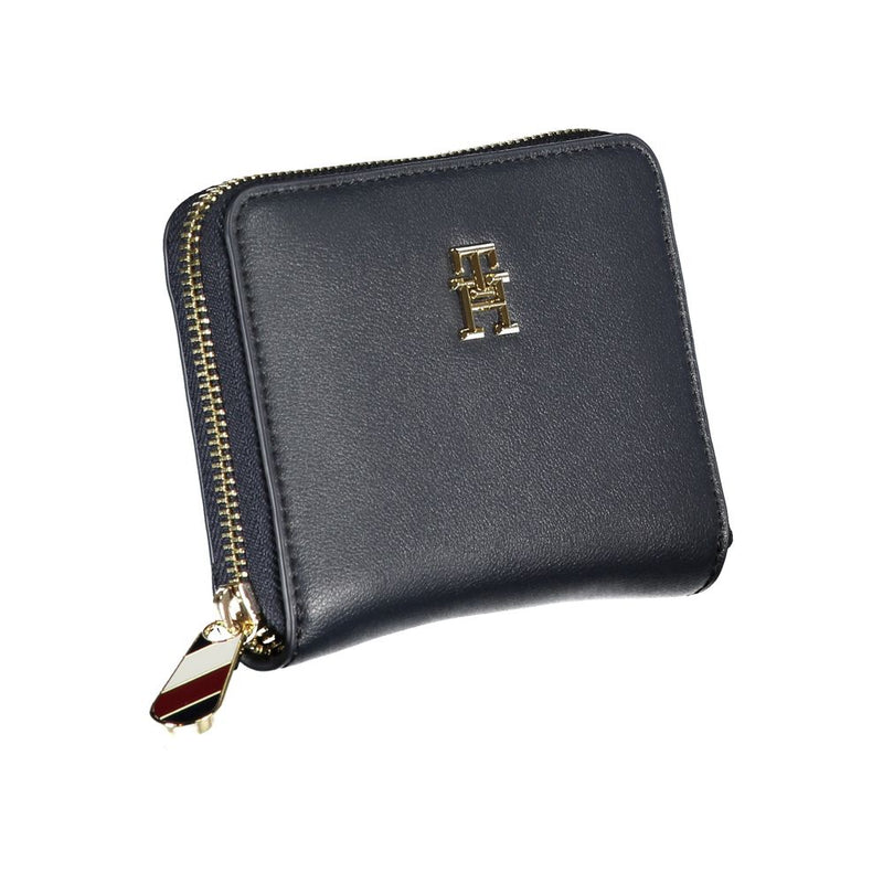 Dark blue polyurethane zip-around wallet with a gold metal logo
