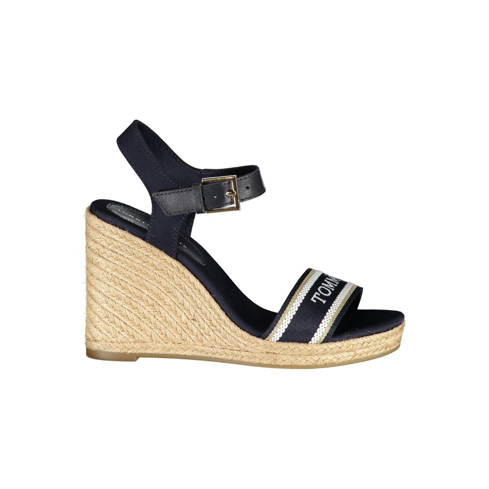 Tommy Hilfiger blue leather and fabric wedge sandal with espadrille platform and buckled ankle strap.