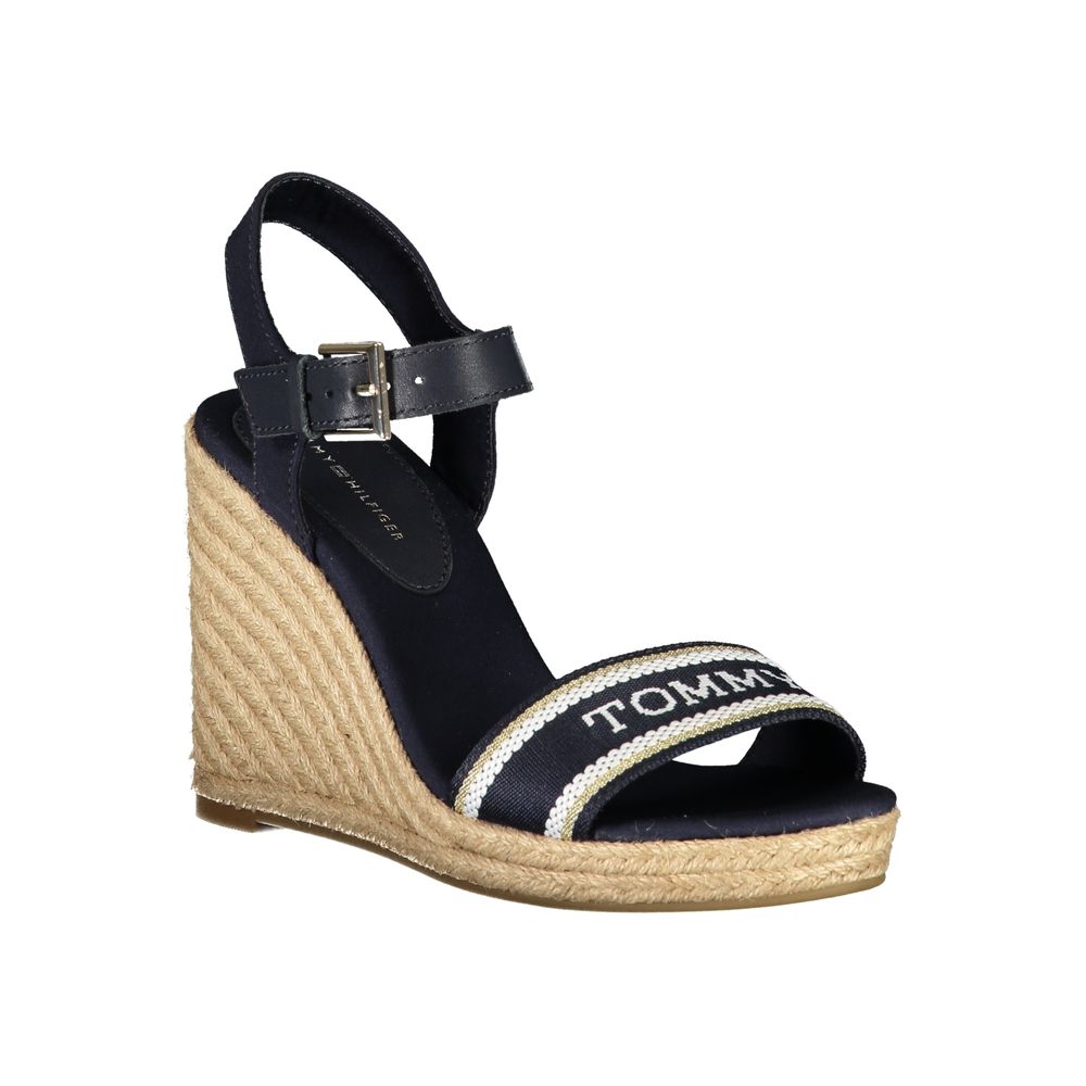 Tommy Hilfiger blue leather wedge sandal with an espadrille-style sole and branded front strap.