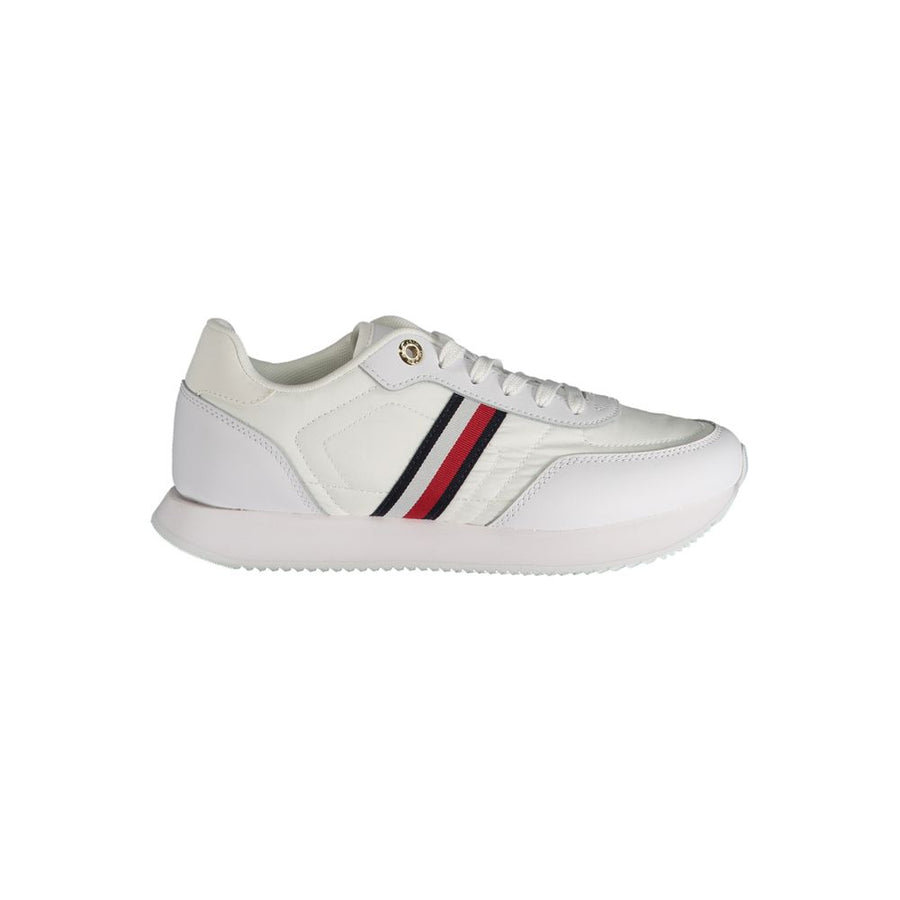 White Tommy Hilfiger women's casual leather and textile sneaker with signature red, white, and blue side stripes.