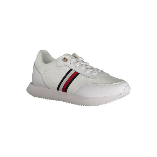 Tommy Hilfiger white leather women's low-top sneaker featuring signature red, white, and blue side stripes.