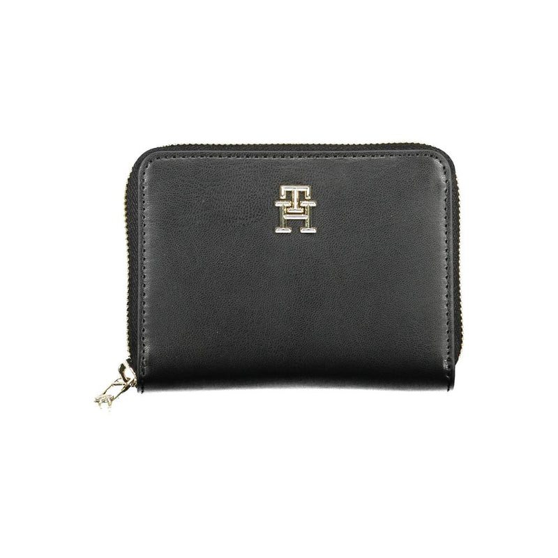 Black polyurethane women's zip-around wallet with gold logo