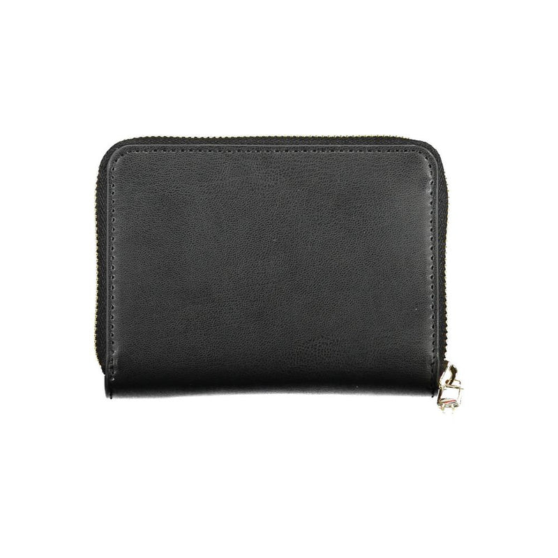 Black polyurethane zip-around wallet for women