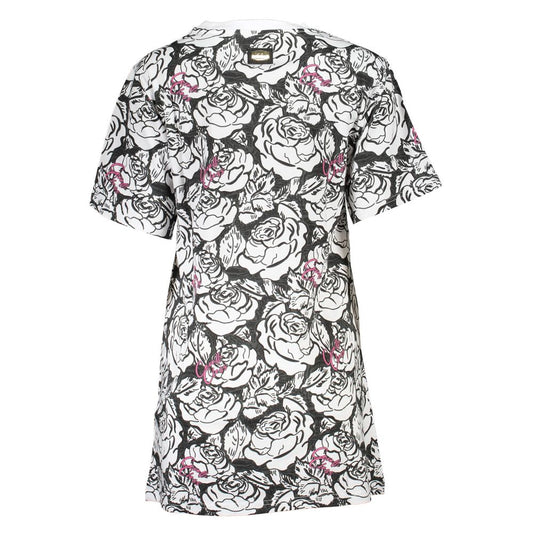 White cotton short-sleeve dress with a black rose floral print and pink accents