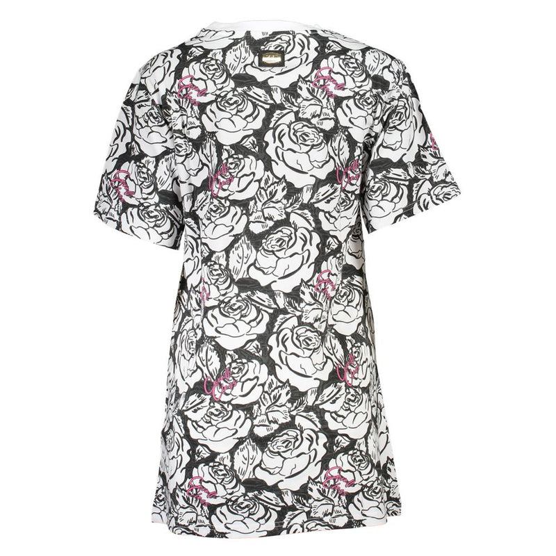White cotton short-sleeve dress with a black rose floral print and pink accents