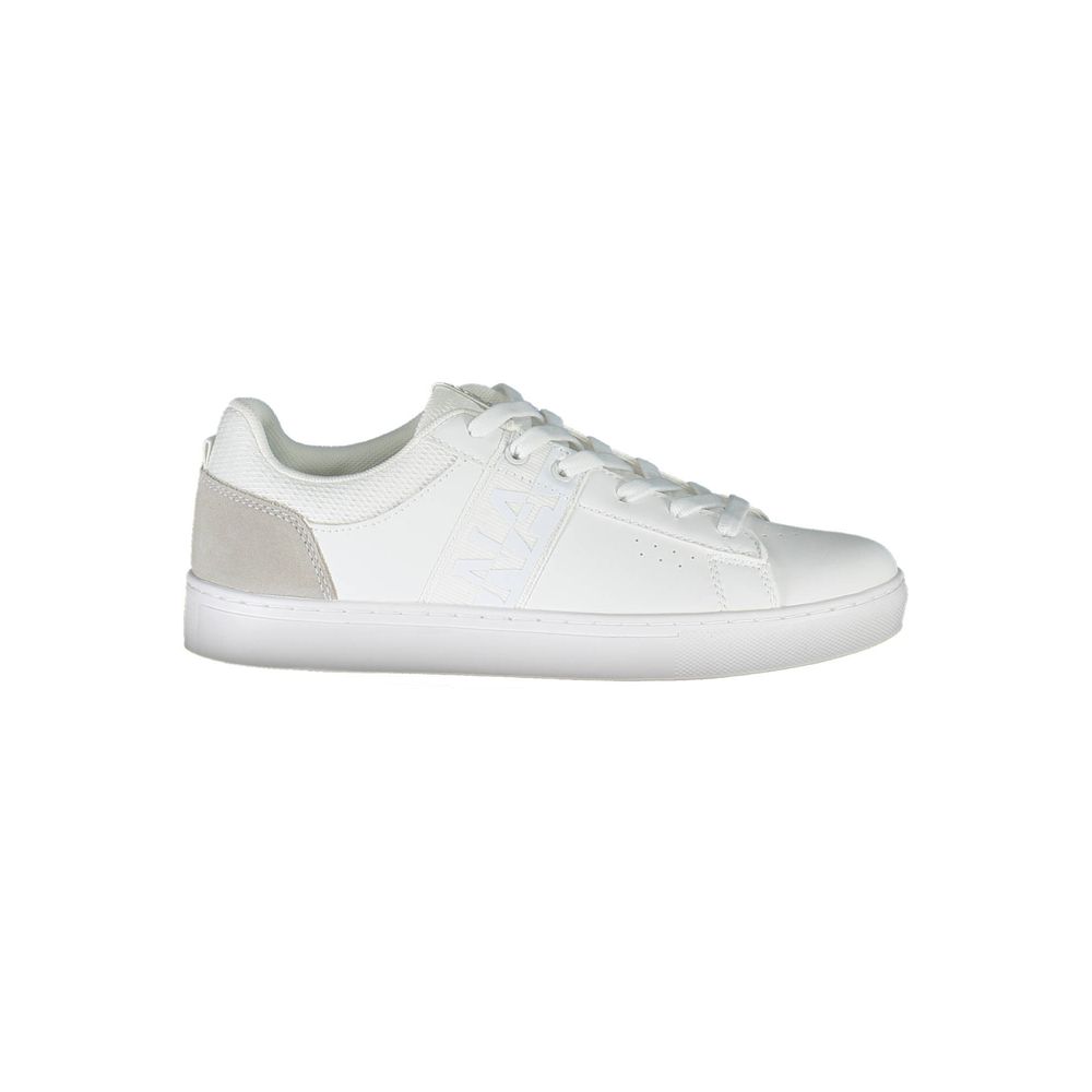 Napapijri Bianco women’s low-top sneaker in white leather with a grey suede heel and side logo detailing.