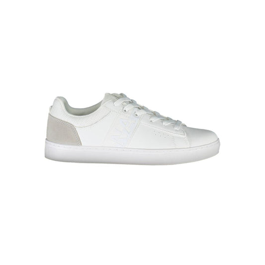 White Napapijri Bianco leather women’s casual sneaker with suede heel detail and lace-up closure.