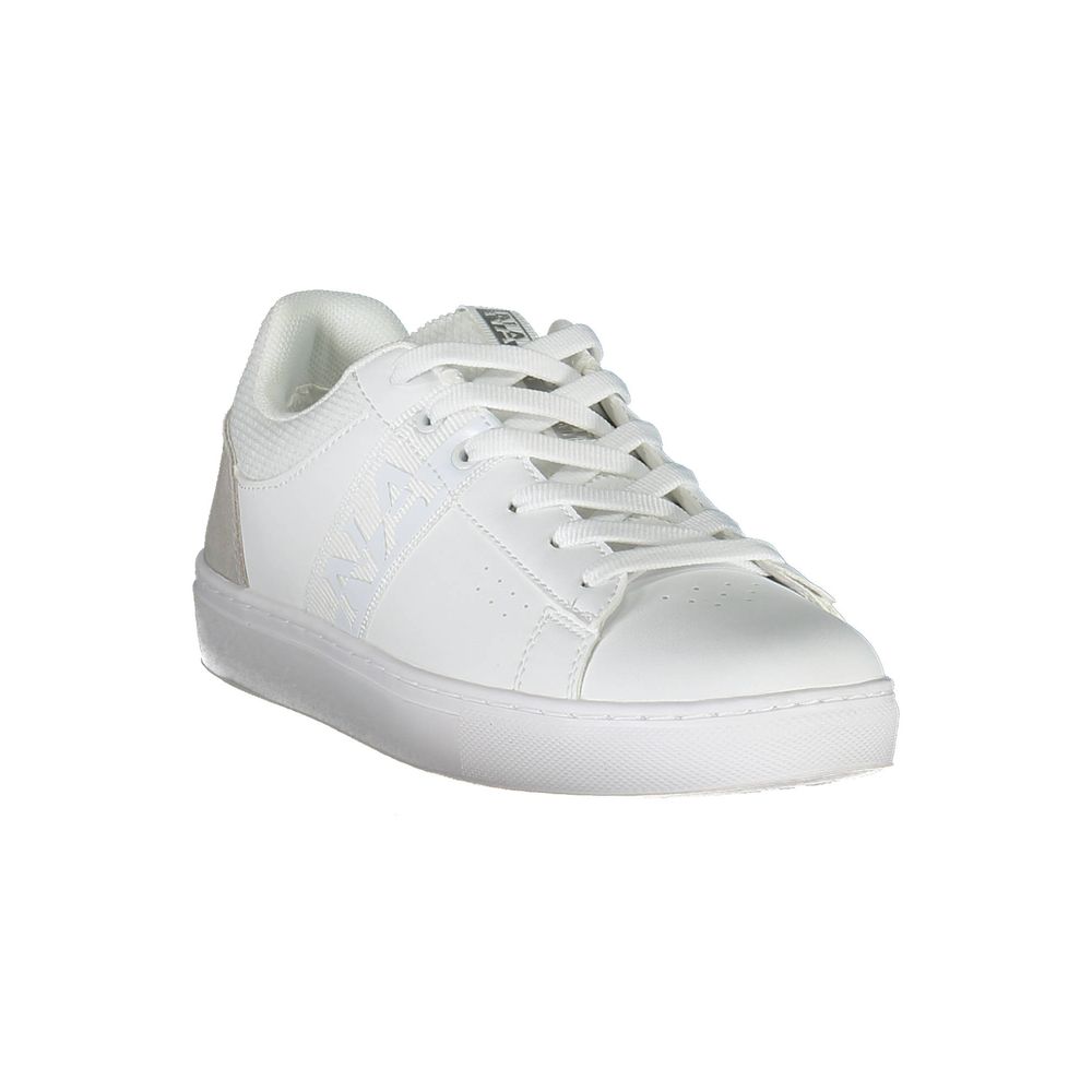 Napapijri Bianco white leather women's sneaker with lace-up closure, side logo detail, and white rubber sole.
