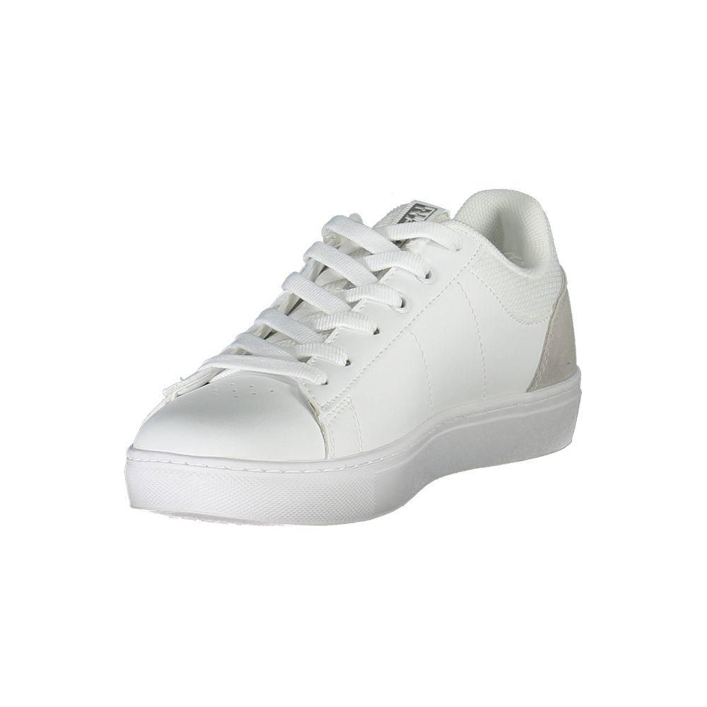 Napapijri white leather women's sneaker with lace-up closure, round toe, and subtle textured heel detail.