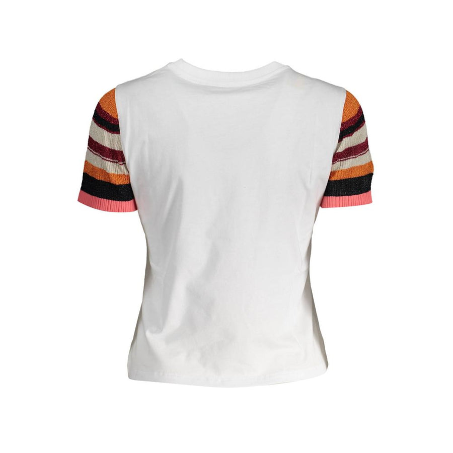White cotton women t-shirt with colorful striped short sleeves and a potted plant graphic on the front