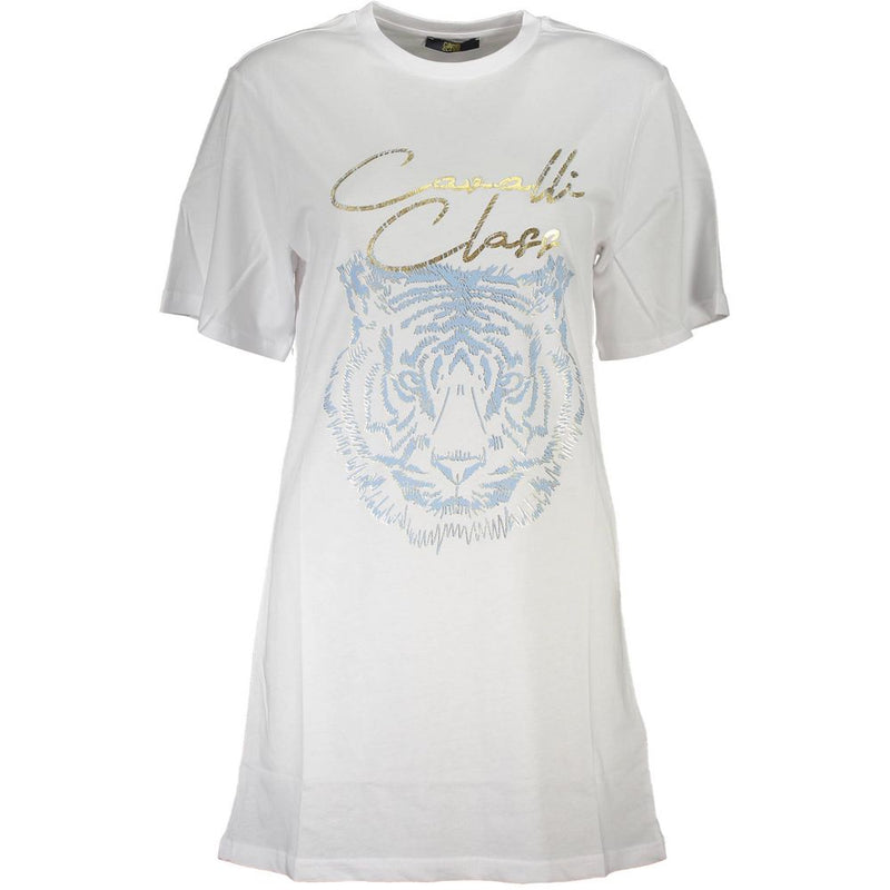 White cotton t-shirt with short sleeves, gold logo text, and light blue embroidered tiger graphic