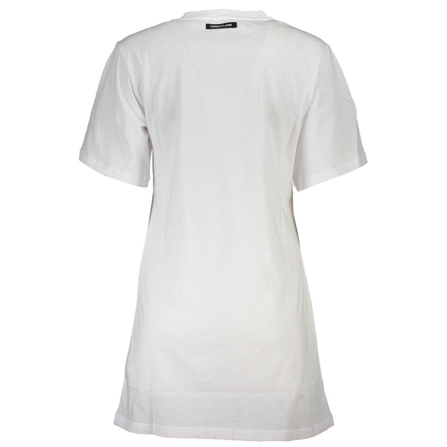 White cotton t-shirt with short sleeves, gold logo text, and light blue embroidered tiger graphic