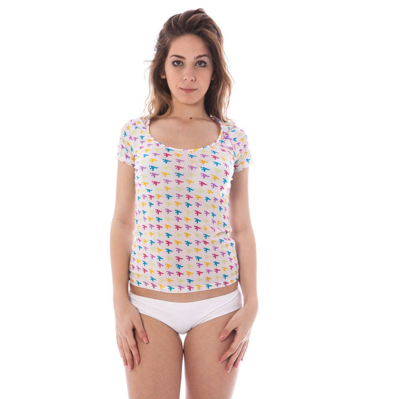 White nylon short-sleeve women's t-shirt with colorful small graphic print