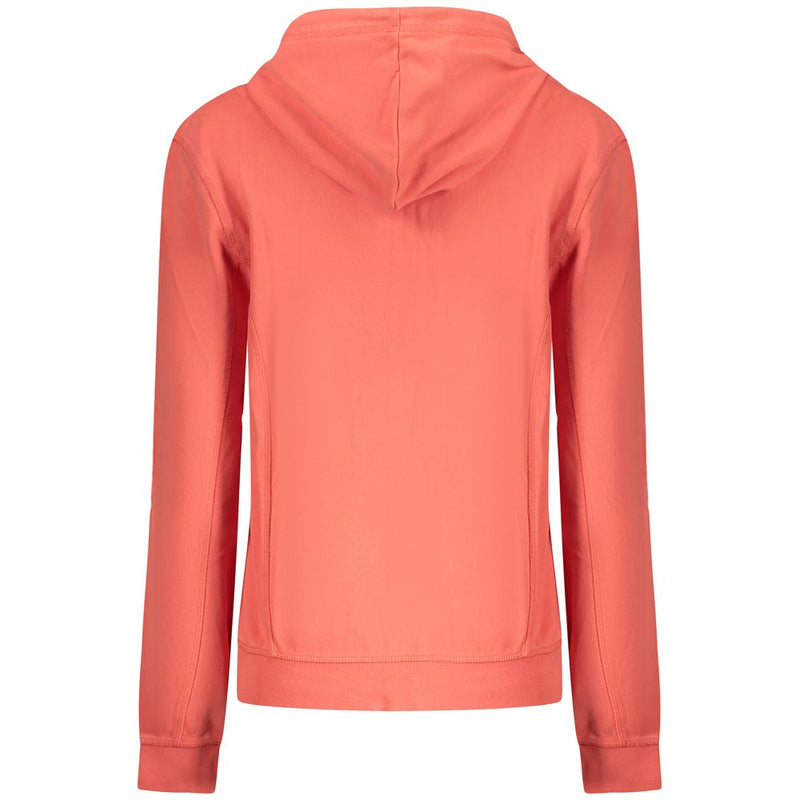 Coral pink cotton women's hoodie sweatshirt viewed from the back