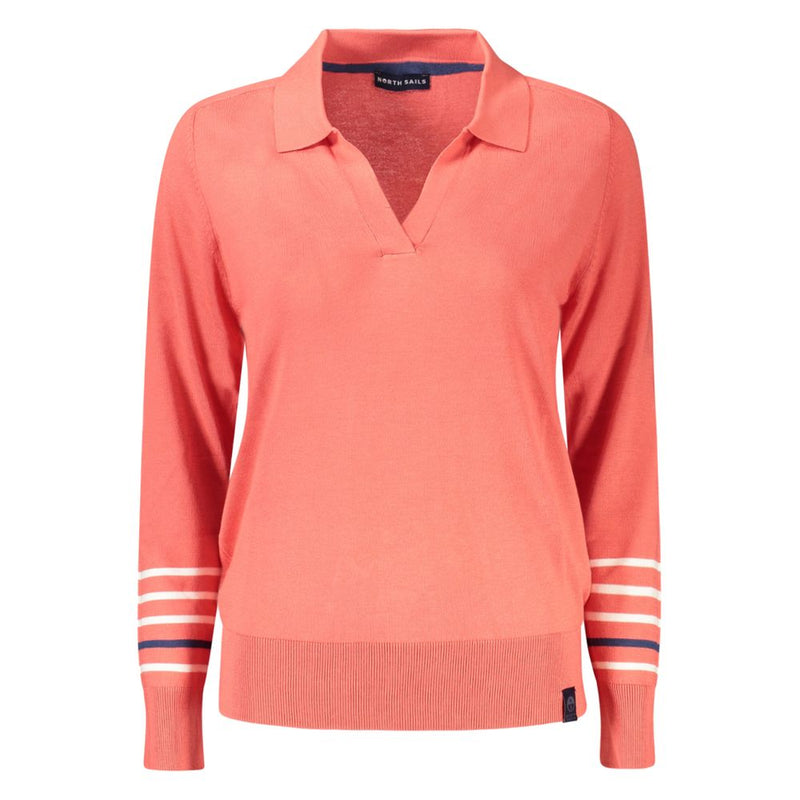 Coral pink viscose polo sweater with long sleeves and white striped cuffs