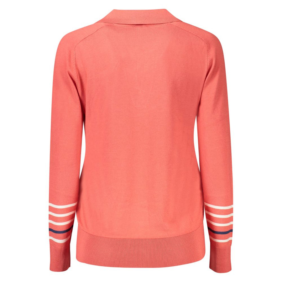Coral pink viscose polo sweater with long sleeves and white striped cuffs