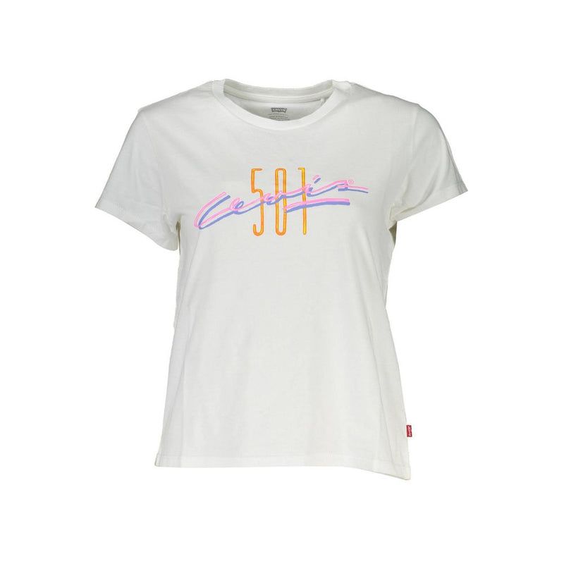 White cotton Levi's women's crew neck t-shirt with 501 colorful graphic logo print