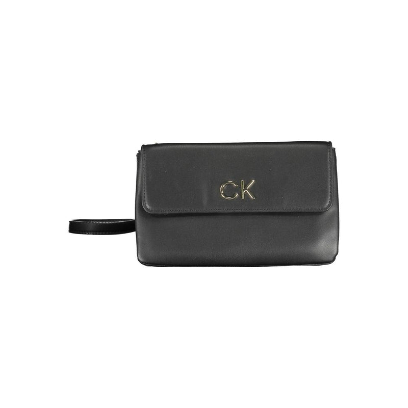 Black polyester Calvin Klein handbag with flap closure and gold CK logo