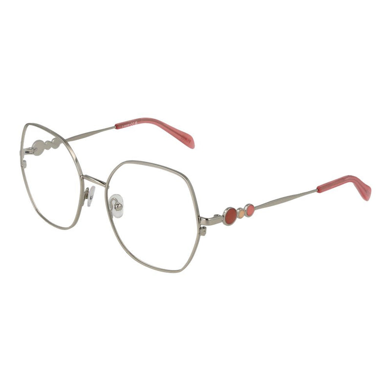 Gray metal eyeglasses frames with hexagonal lenses and pink temple tips