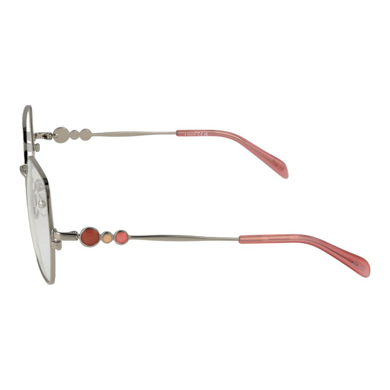 Side view of gray metal glasses frames with pink temple tips and colorful decorative dots on the temples