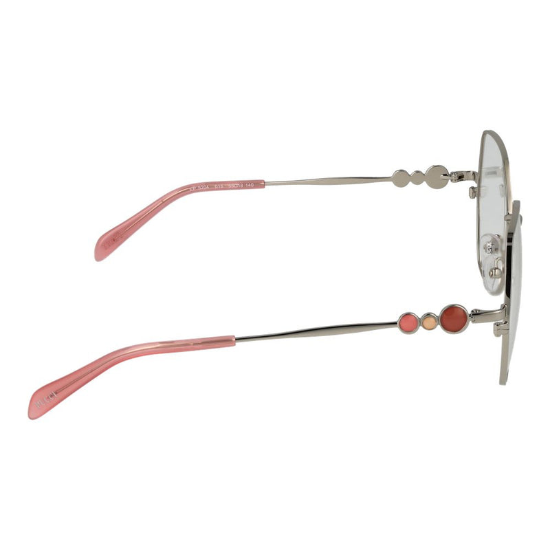 Gray metal eyeglasses with geometric frames and pink temples featuring decorative multicolored beads
