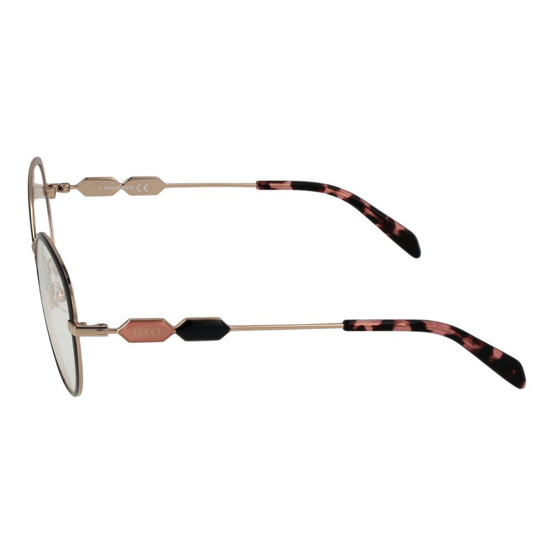 Black and gold metal eyeglass frames with hexagonal temples and tortoiseshell tips
